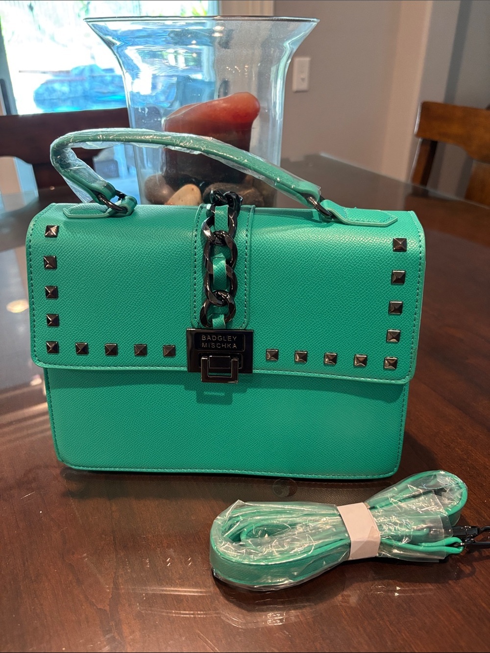Badgley Mischka Teal Green Studded Top-Handle Satchel
